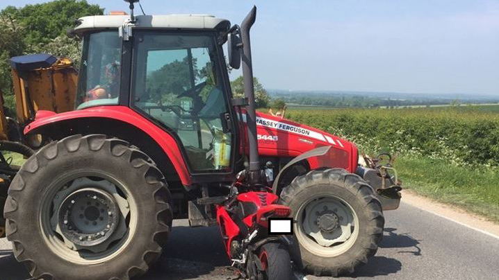 Biker embeds motorcycle in tractor, escapes with minor injuries